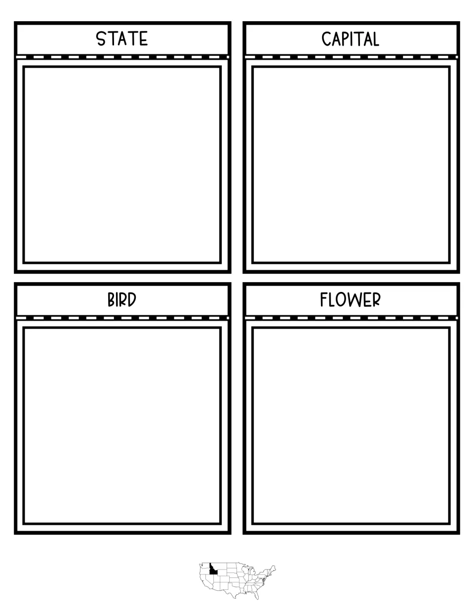Notebook flaps labeled State, Capital, Bird and Flower: students cut, fold and fill in each symbol for Idaho