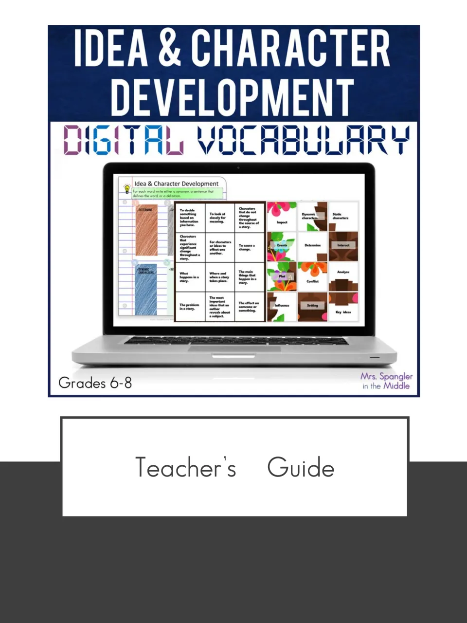 Teacher's guide cover for idea and character development digital vocabulary, grades 6-8, with a laptop showing the slides