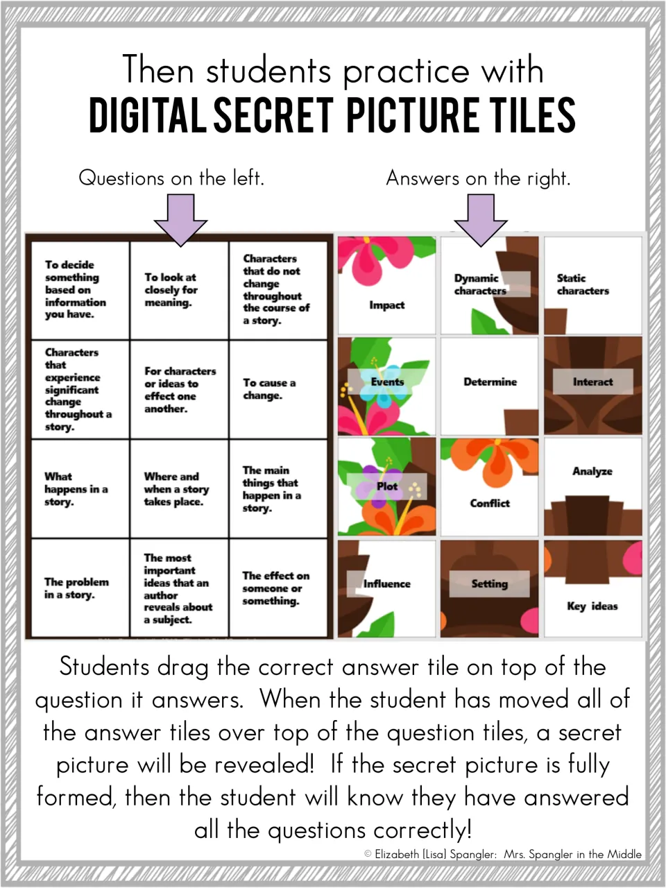 Secret picture tiles: students drag vocabulary answer tiles onto matching definitions to reveal a hidden picture