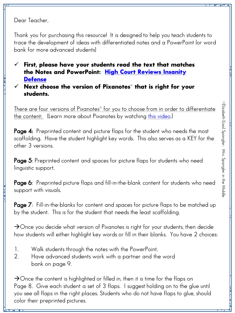 Teacher letter on tracing idea development: read High Court Reviews Insanity Defense, pick one of four Pixanotes versions