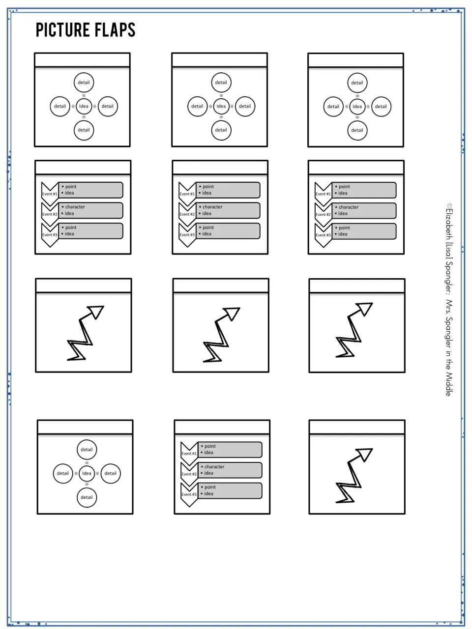 Picture flaps to cut out: idea-and-detail webs, Event 1-3 point and character charts, and zigzag arrows for each note step