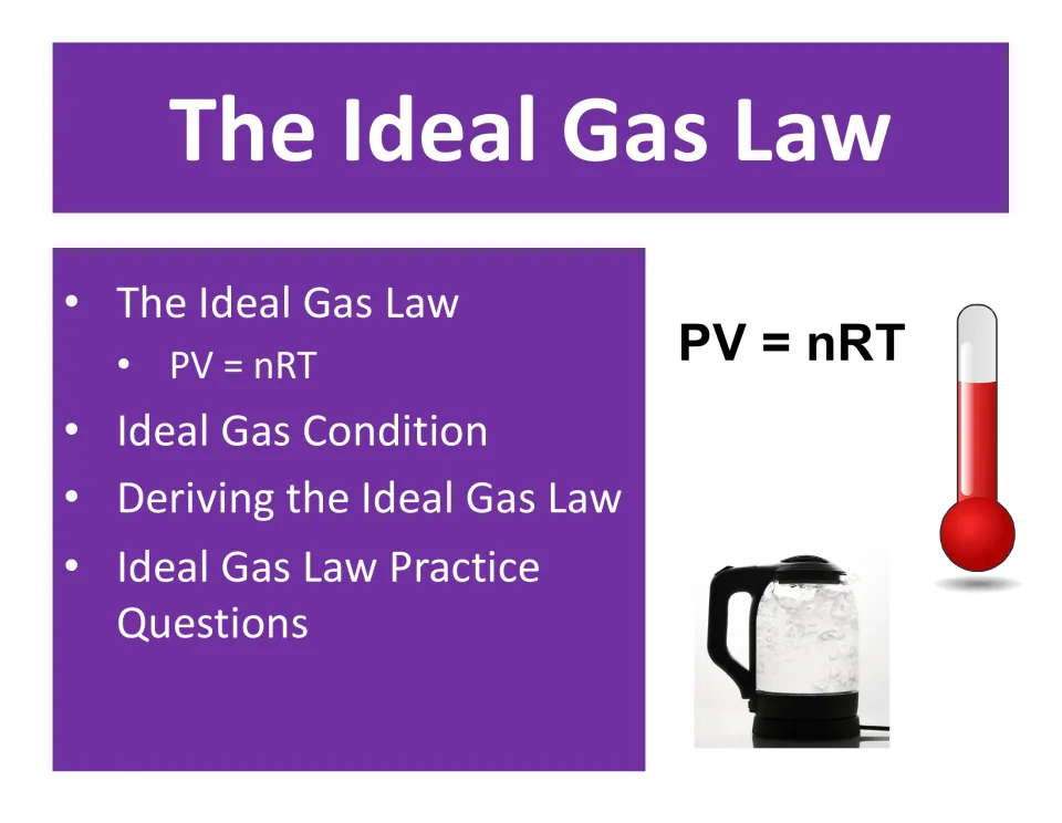 Ideal gas law slides title: PV = nRT, ideal gas conditions, deriving the law and practice questions, with kettle image