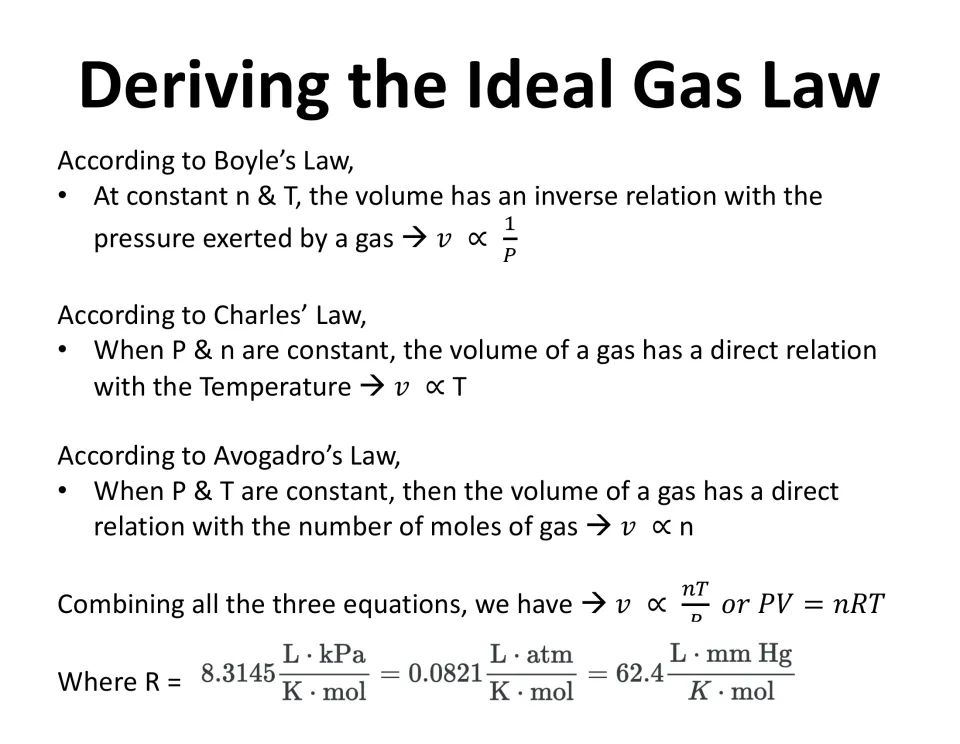 Deriving PV = nRT by combining Boyle's, Charles' and Avogadro's laws as volume proportionalities, with values of R