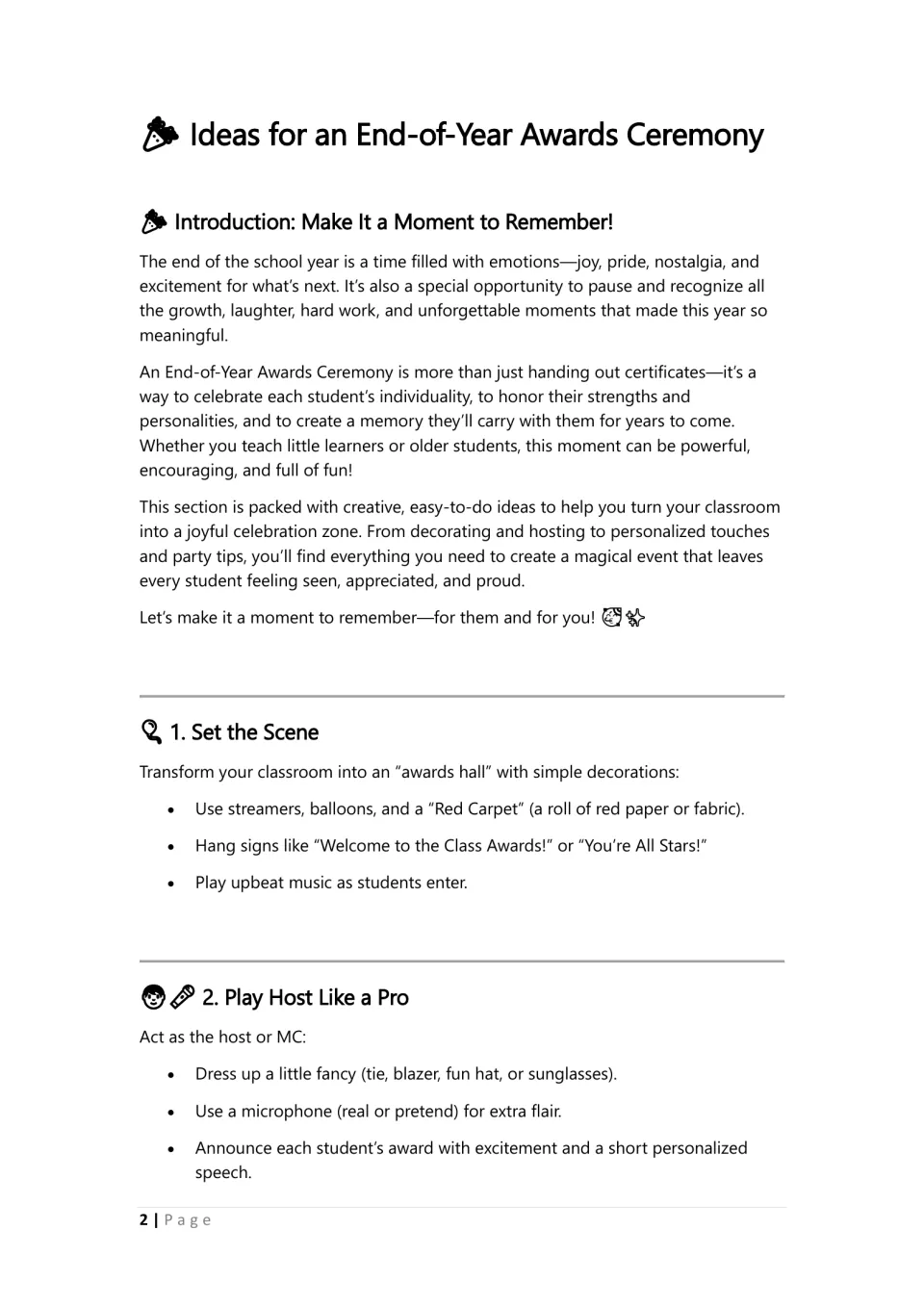 Ceremony guide introduction and ideas 1–2: decorate the classroom and host with personalized award speeches
