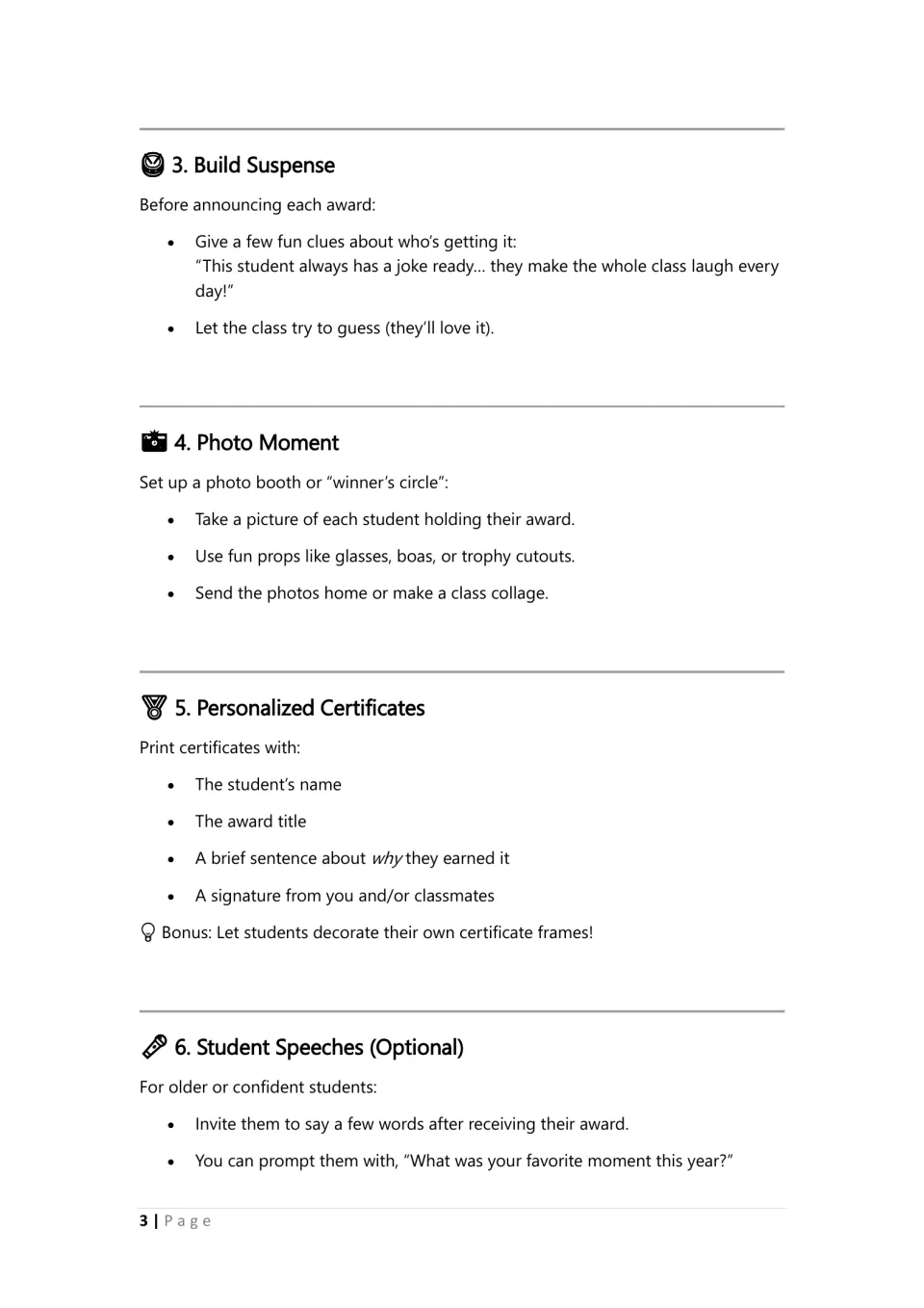 Ceremony ideas 3–6: award clues, student photos, personalized certificates, and optional student speeches