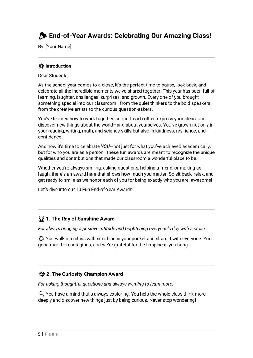 Awards script opening and awards 1–2: Ray of Sunshine for positivity and Curiosity Champion for questions