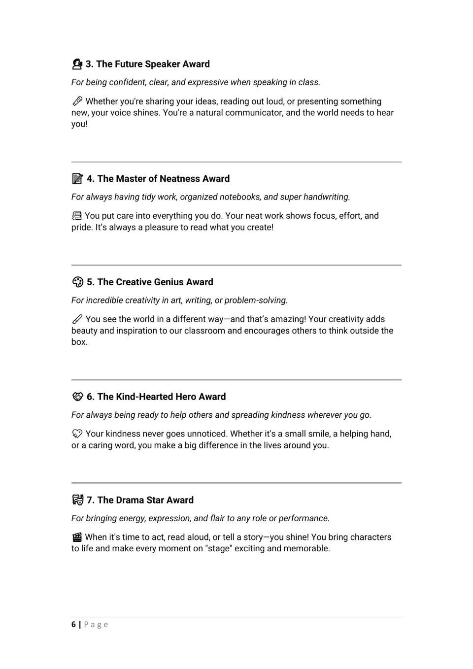 Awards script entries 3–7: Future Speaker, Master of Neatness, Creative Genius, Kind-Hearted Hero, and Drama Star
