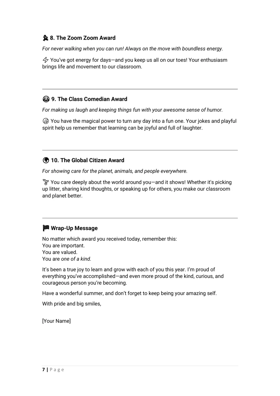 Awards script entries 8–10: Zoom Zoom, Class Comedian, and Global Citizen, followed by a closing message