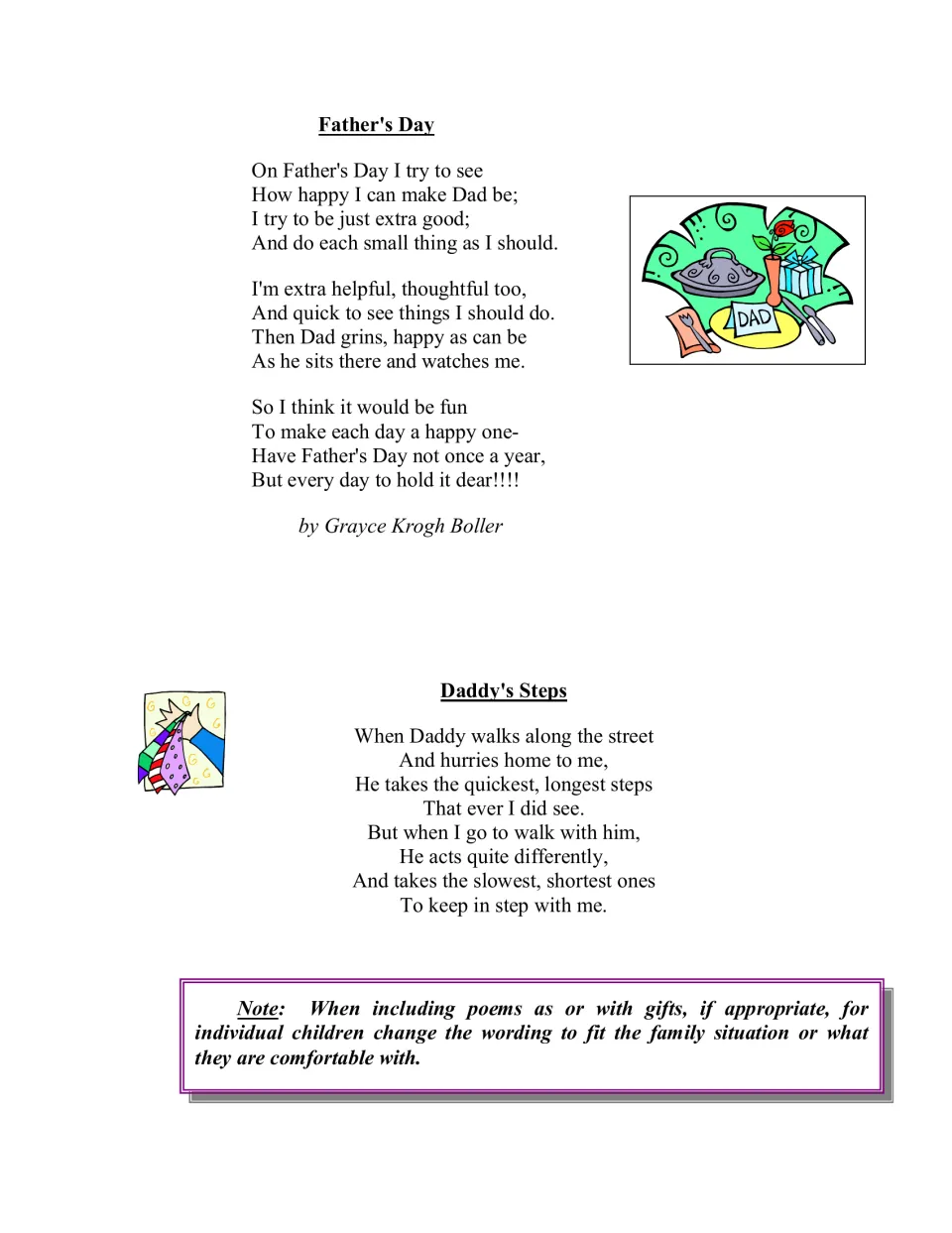 Poems Father's Day by Grayce Krogh Boller and Daddy's Steps, with a note to adjust gift poem wording to each family
