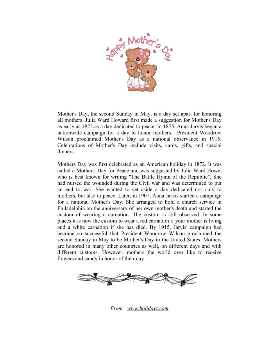 Mother's Day history reading: Julia Ward Howe's 1872 peace day, Anna Jarvis's carnation custom and the 1915 proclamation