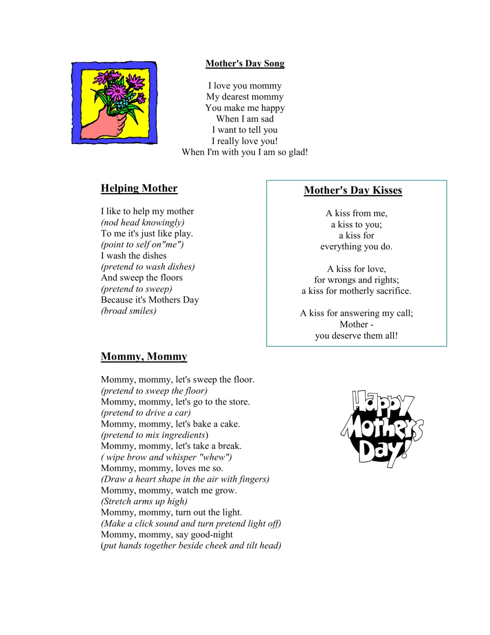 Mother's Day action rhymes Helping Mother and Mommy, Mommy with movement cues, plus the poems Mother's Day Song and Kisses