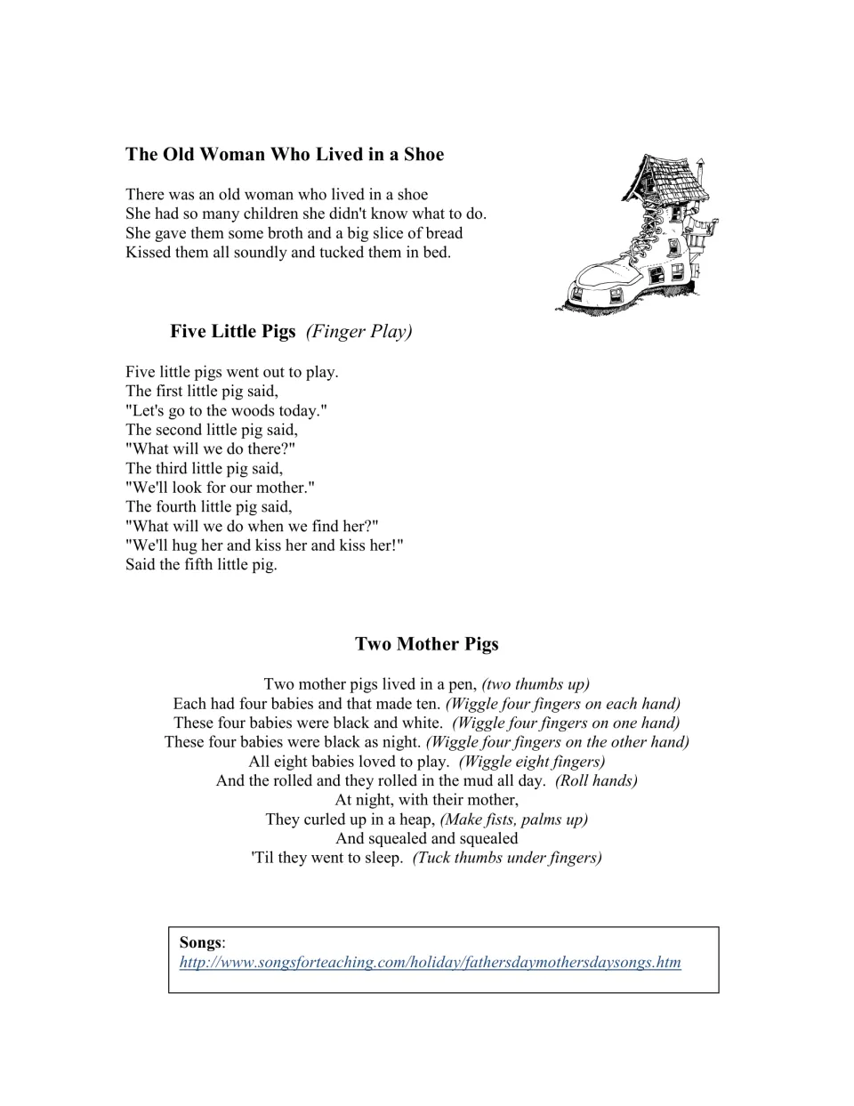 Mother-themed rhymes: Old Woman Who Lived in a Shoe plus Five Little Pigs and Two Mother Pigs fingerplays with motions