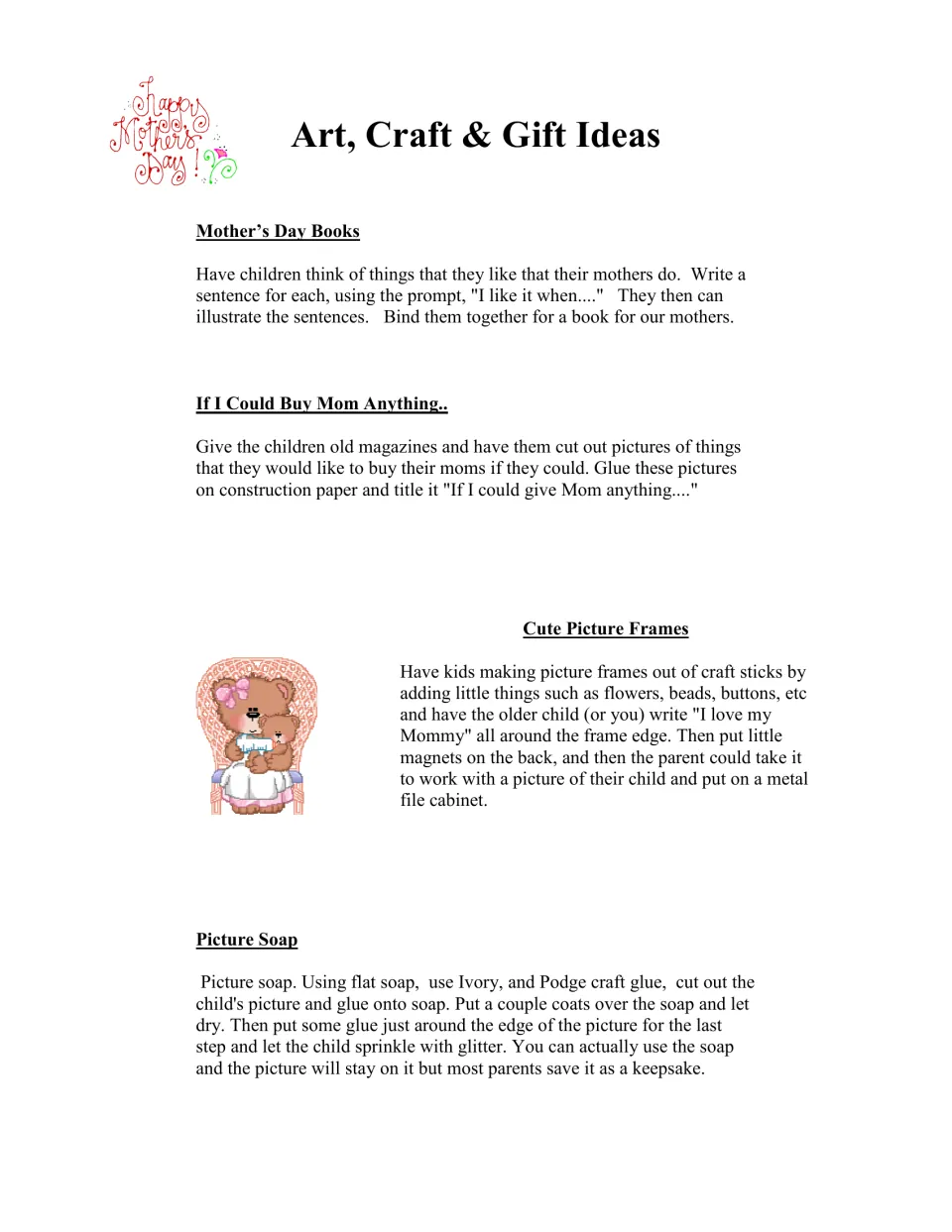 Art, Craft & Gift Ideas: book of 'I like it when' sentences, magazine wish collage, craft-stick frames and picture soap