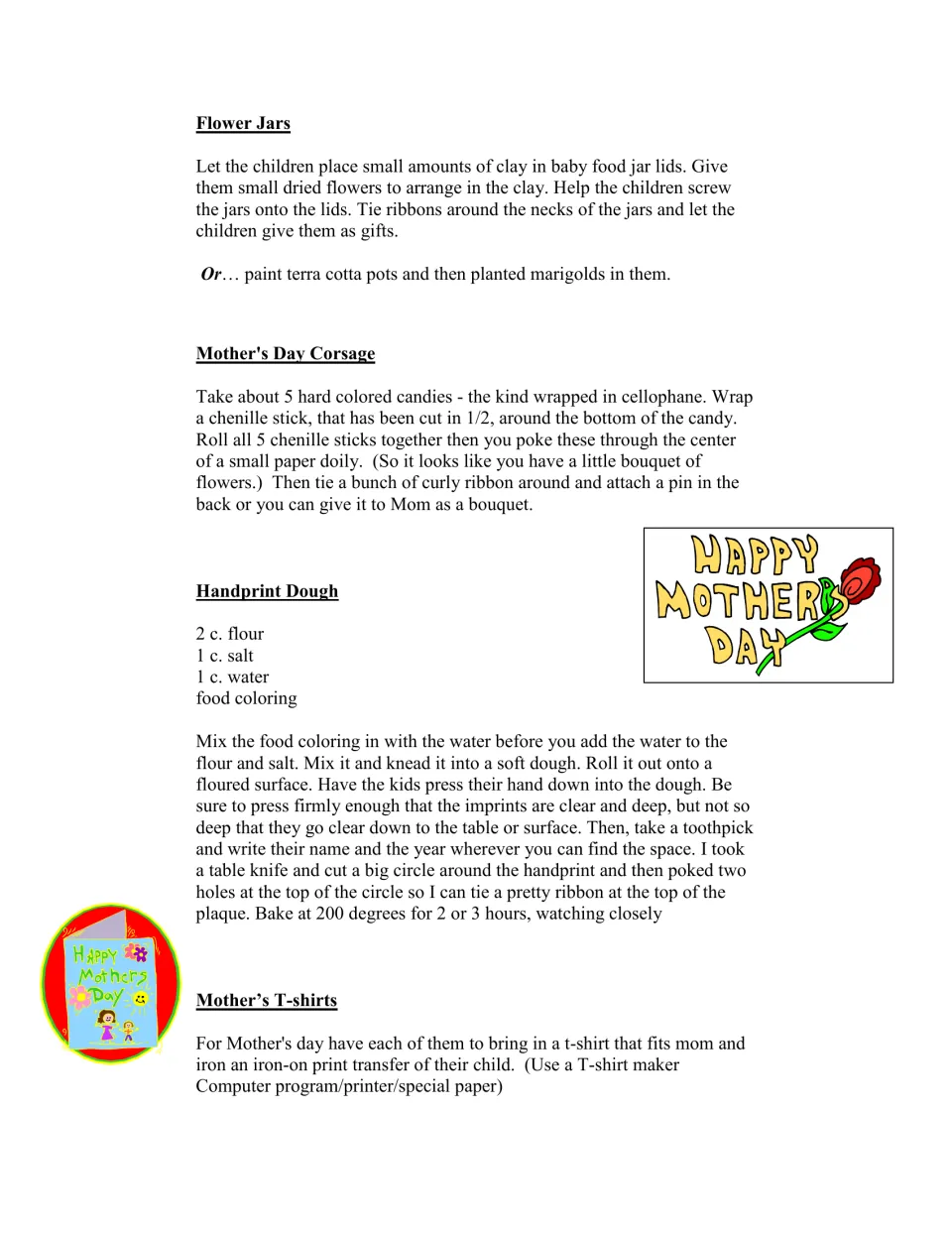 Mother's Day gift crafts: flower jars, a candy corsage, a salt-dough handprint plaque recipe and iron-on photo T-shirts