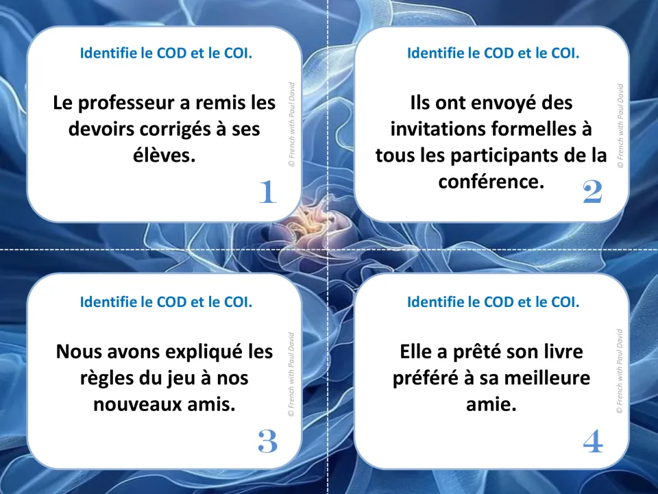 French direct and indirect object cards 1–4: sentences about homework, invitations, game rules, and a book