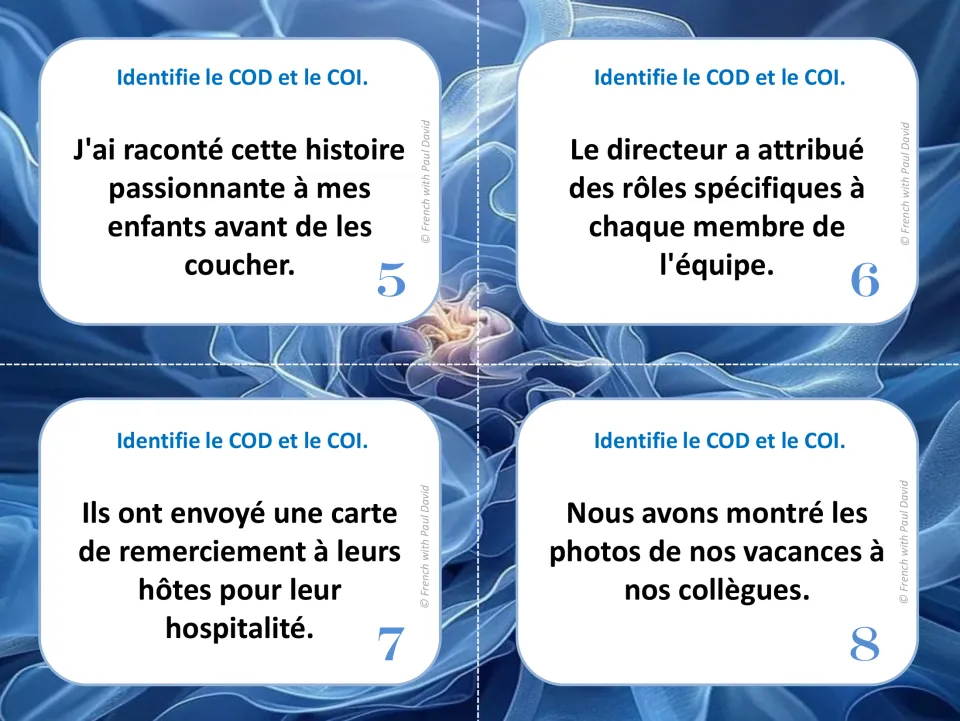 French direct and indirect object cards 5–8: sentences about a story, roles, a thank-you card, and photos