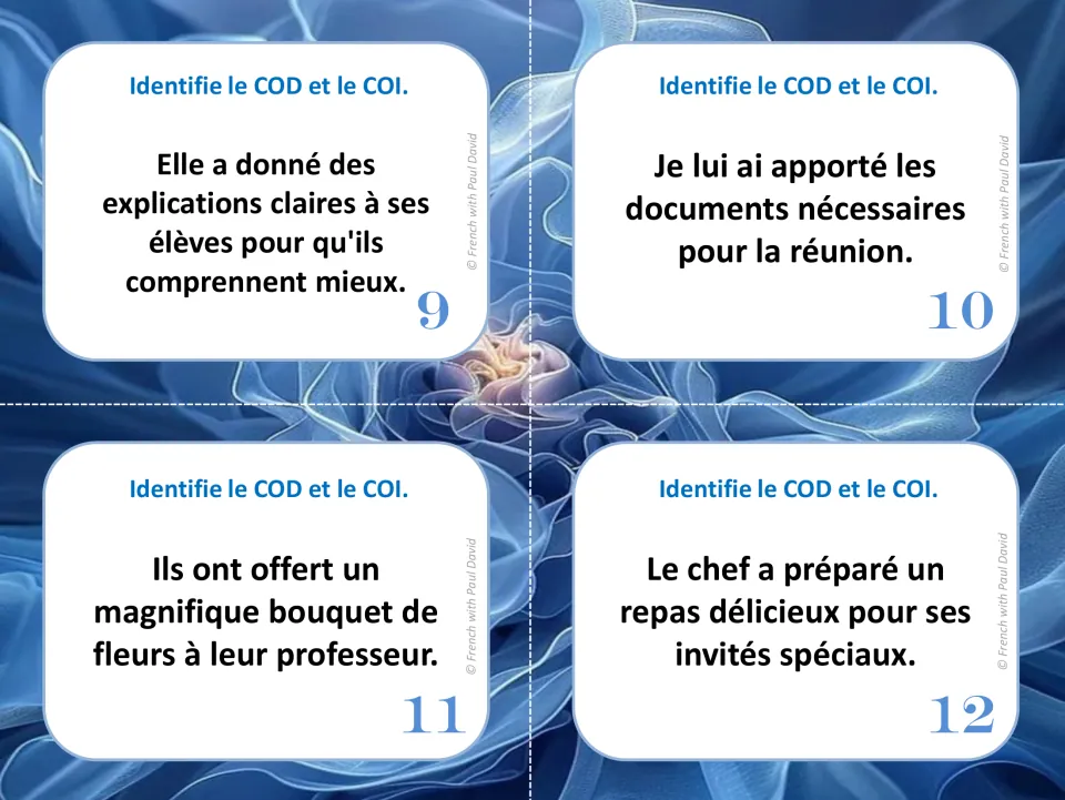 French direct and indirect object cards 9–12: sentences about explanations, documents, flowers, and a meal