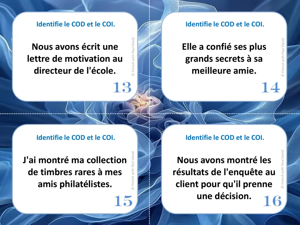 French direct and indirect object cards 13–16: sentences about a letter, secrets, stamps, and survey results