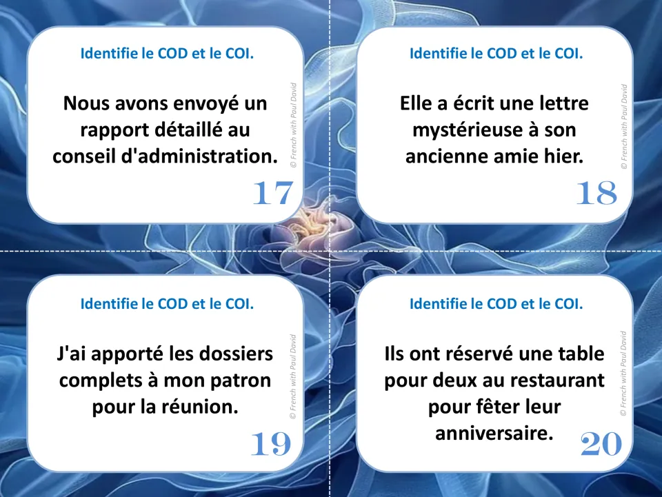 French direct and indirect object cards 17–20: sentences about a report, a letter, files, and a table reservation