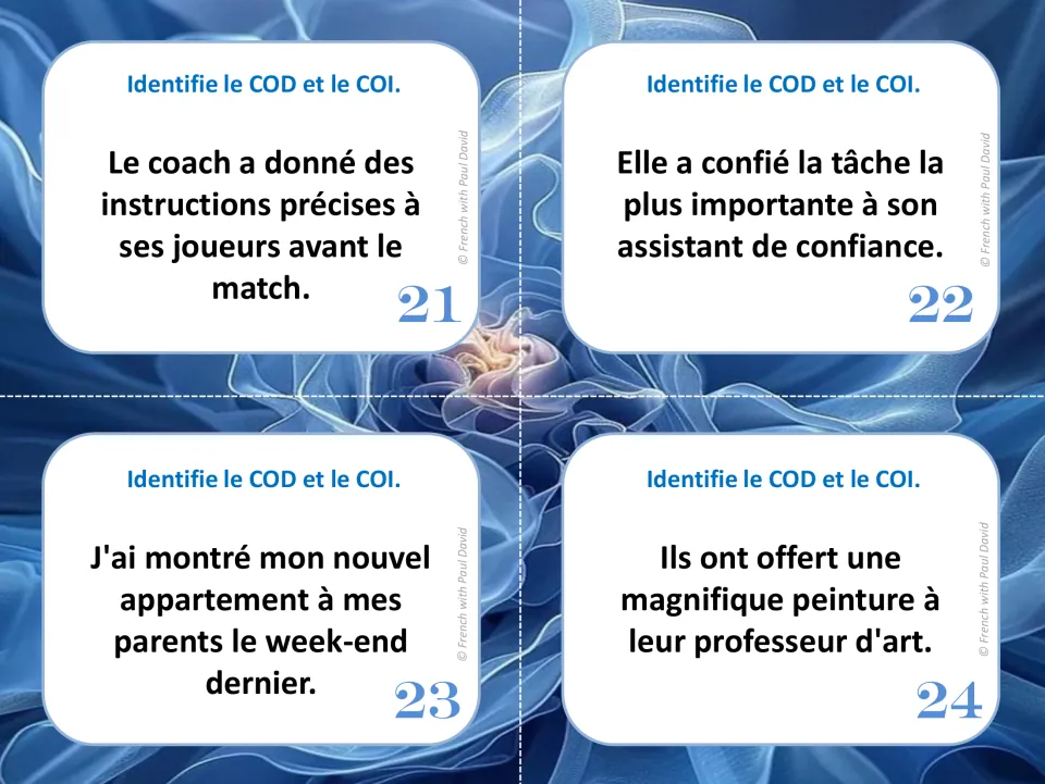 French direct and indirect object cards 21–24: sentences about instructions, a task, an apartment, and a painting