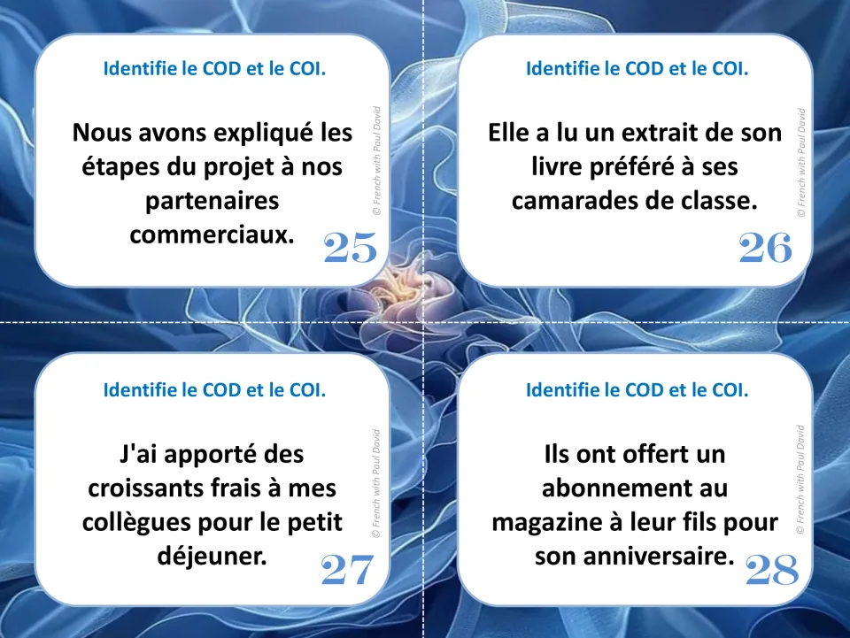 French direct and indirect object cards 25–28: project steps, a book excerpt, croissants, and a subscription