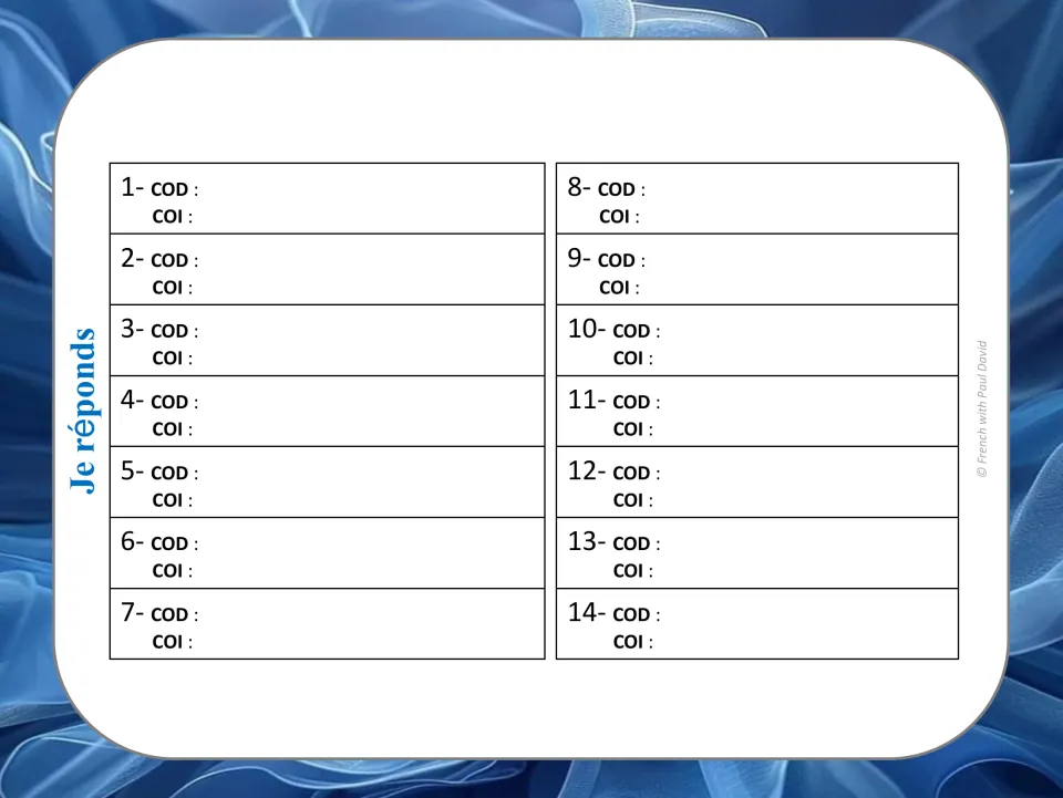 French grammar response sheet for cards 1–14, with spaces to record COD (direct object) and COI (indirect object)