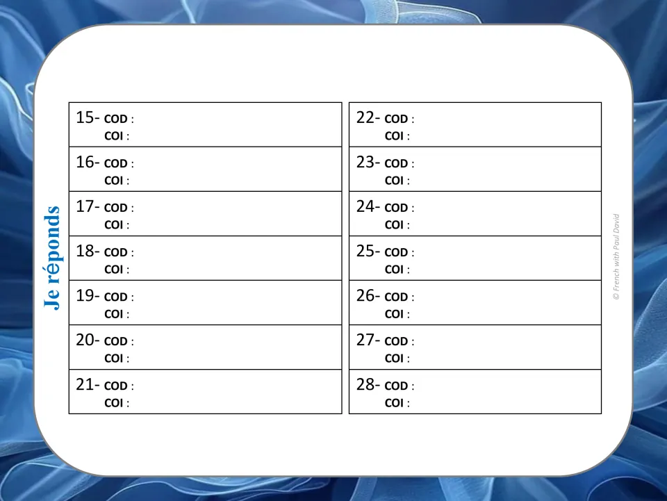 French grammar response sheet for cards 15–28, with spaces for each sentence’s direct object and indirect object
