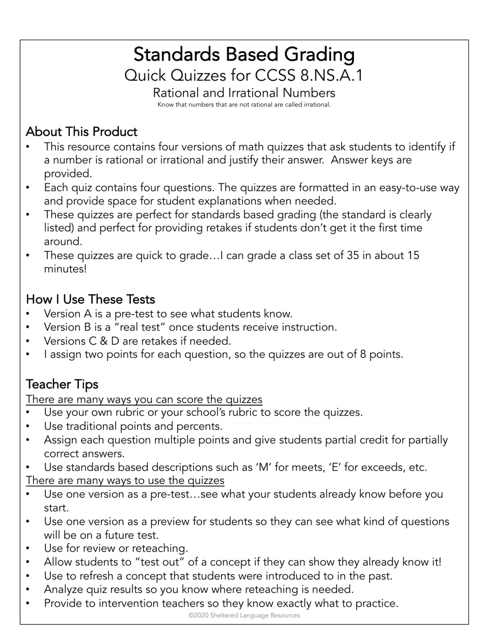 Standards Based Grading quick quizzes for CCSS 8.NS.A.1: overview of four quiz versions, how each is used and scoring tips
