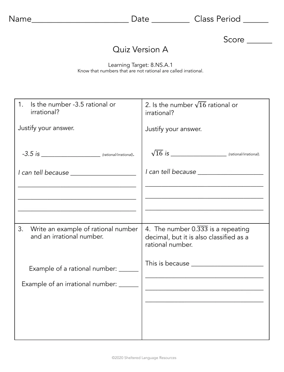 Quiz Version A: students classify -3.5 and √16 as rational or irrational, justify each, give examples and explain 0.333