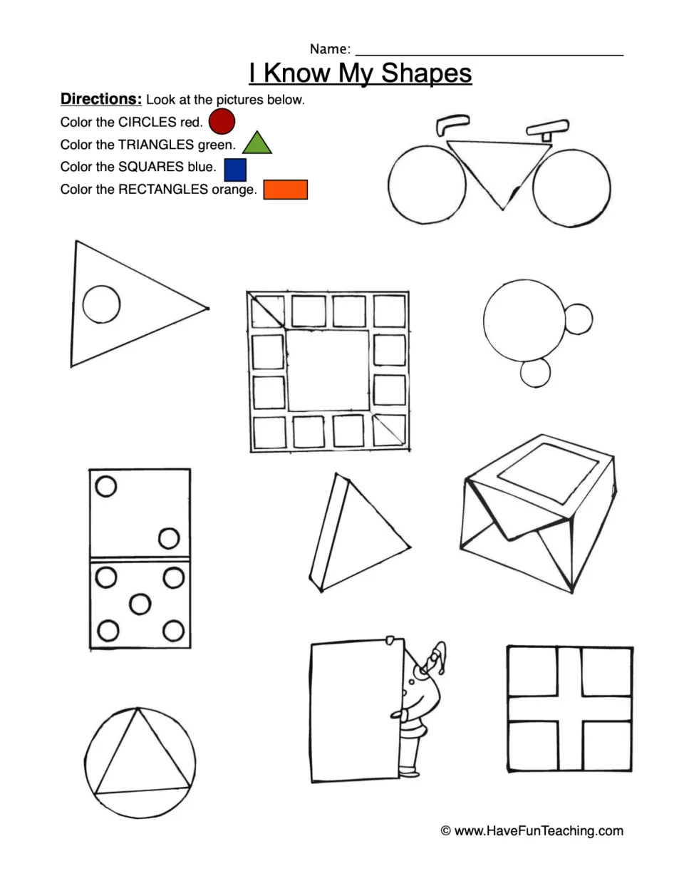 I Know My Shapes: students color circles red, triangles green, squares blue and rectangles orange in pictures like a bike