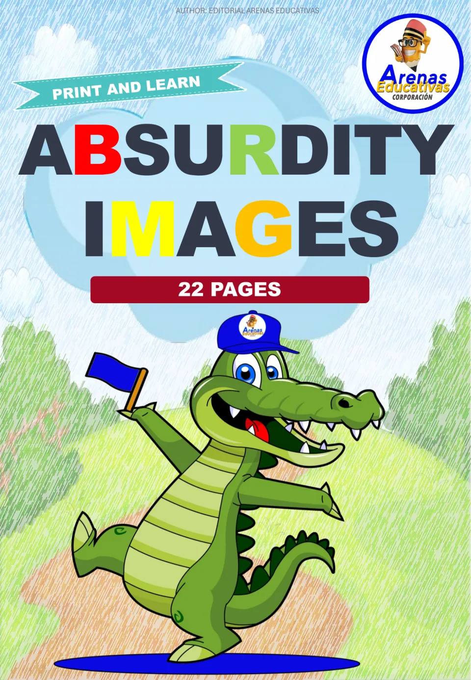 Cover of Absurdity Images, a 22-page print-and-learn set, with a cartoon crocodile in a blue cap waving a flag