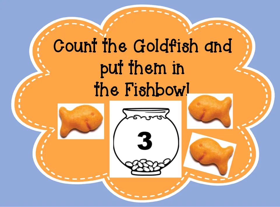 Goldfish counting cover: Count the Goldfish and put them in the Fishbowl, with cracker photos and a fishbowl numbered 3