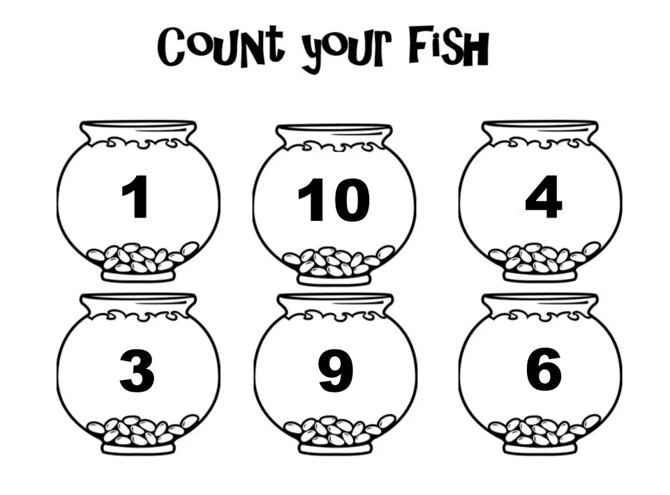 Count your Fish mat 2: students identify 1, 10, 4, 3, 9 and 6 on fishbowls and count that many Goldfish into each bowl