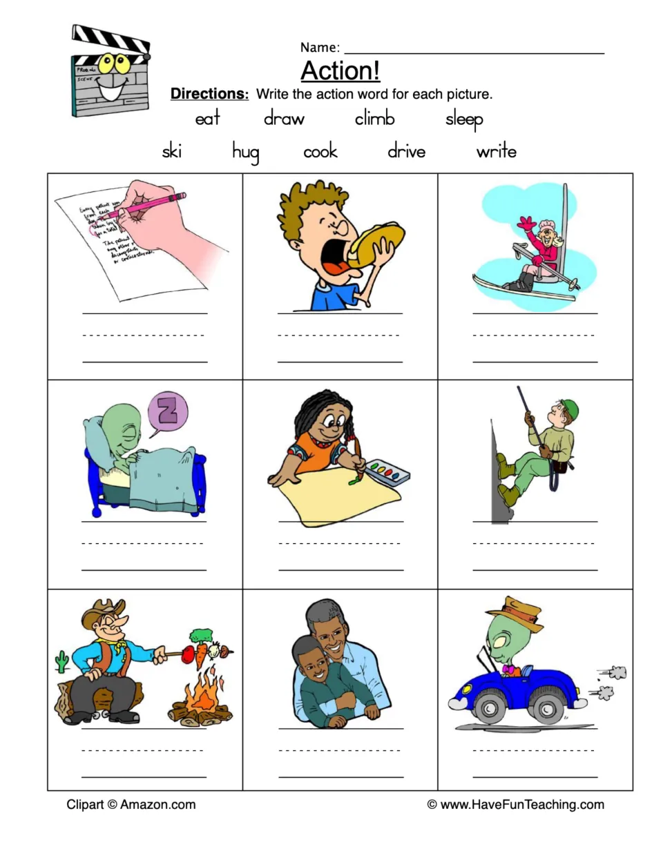 Action! verbs: students label 9 pictures with the matching action word, such as eat, ski, cook or hug, from a word bank