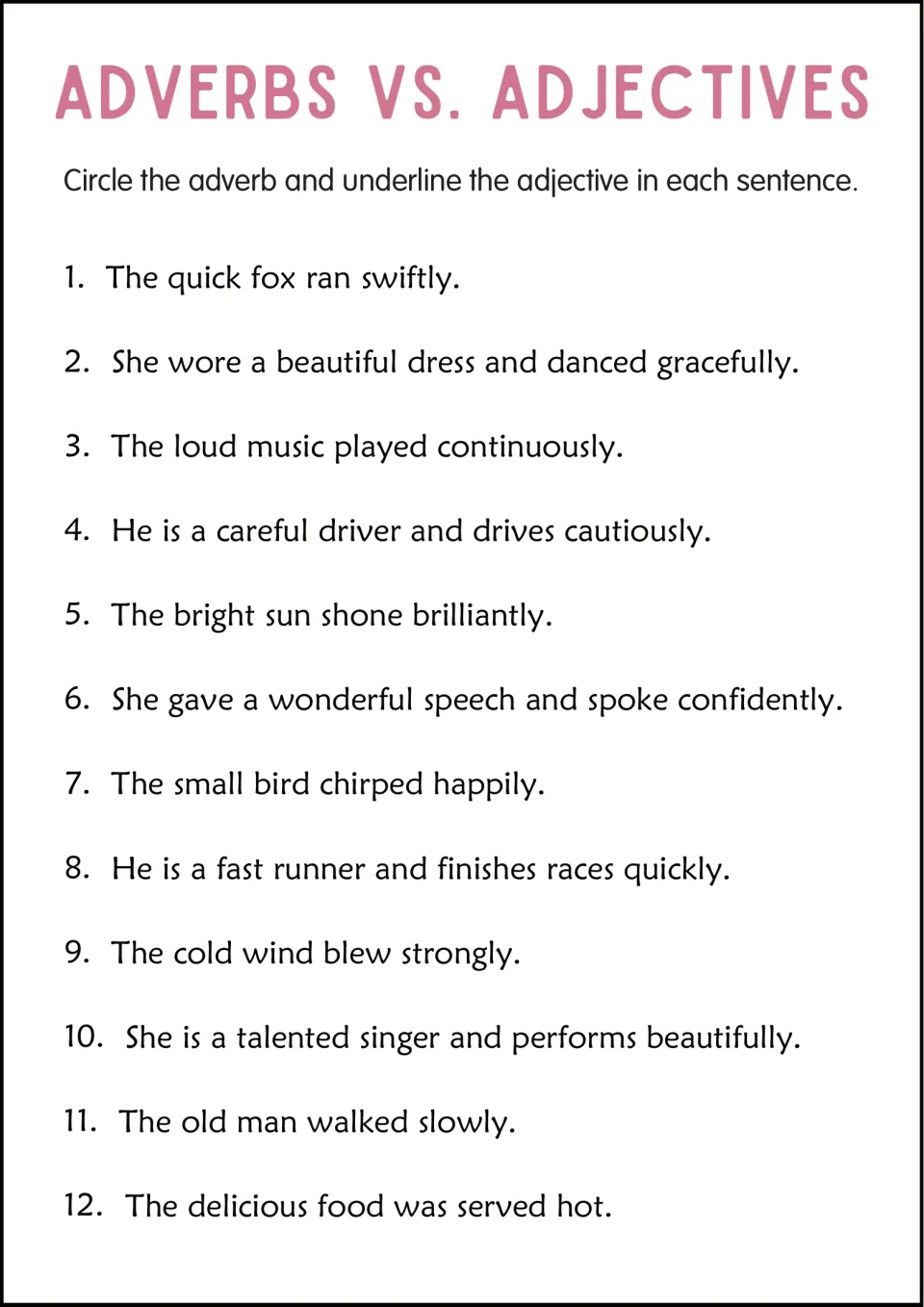 Adverbs vs. adjectives: students circle the adverb and underline the adjective in 12 items like The quick fox ran swiftly