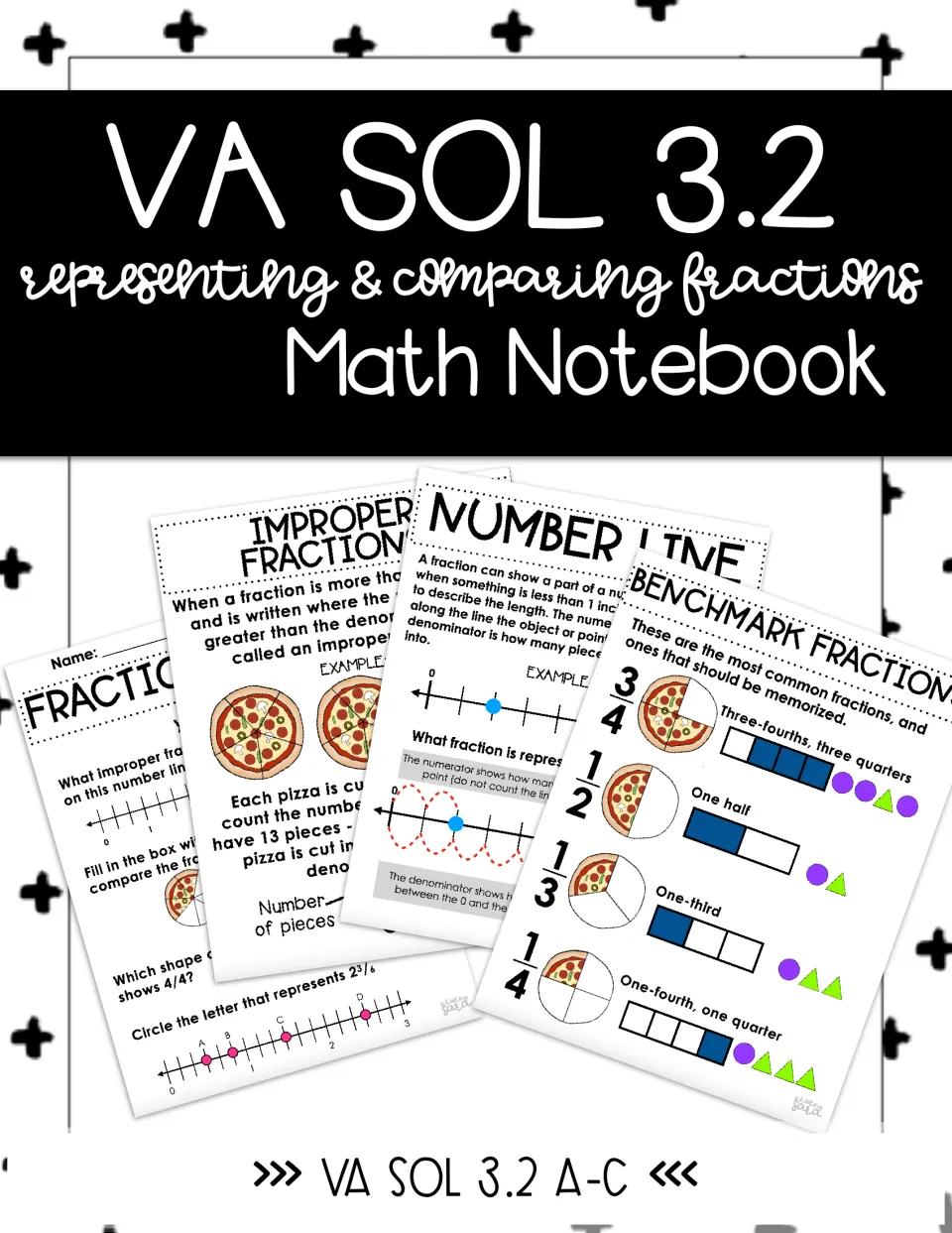 VA SOL 3.2 math notebook cover for representing and comparing fractions, previewing number line and benchmark pages