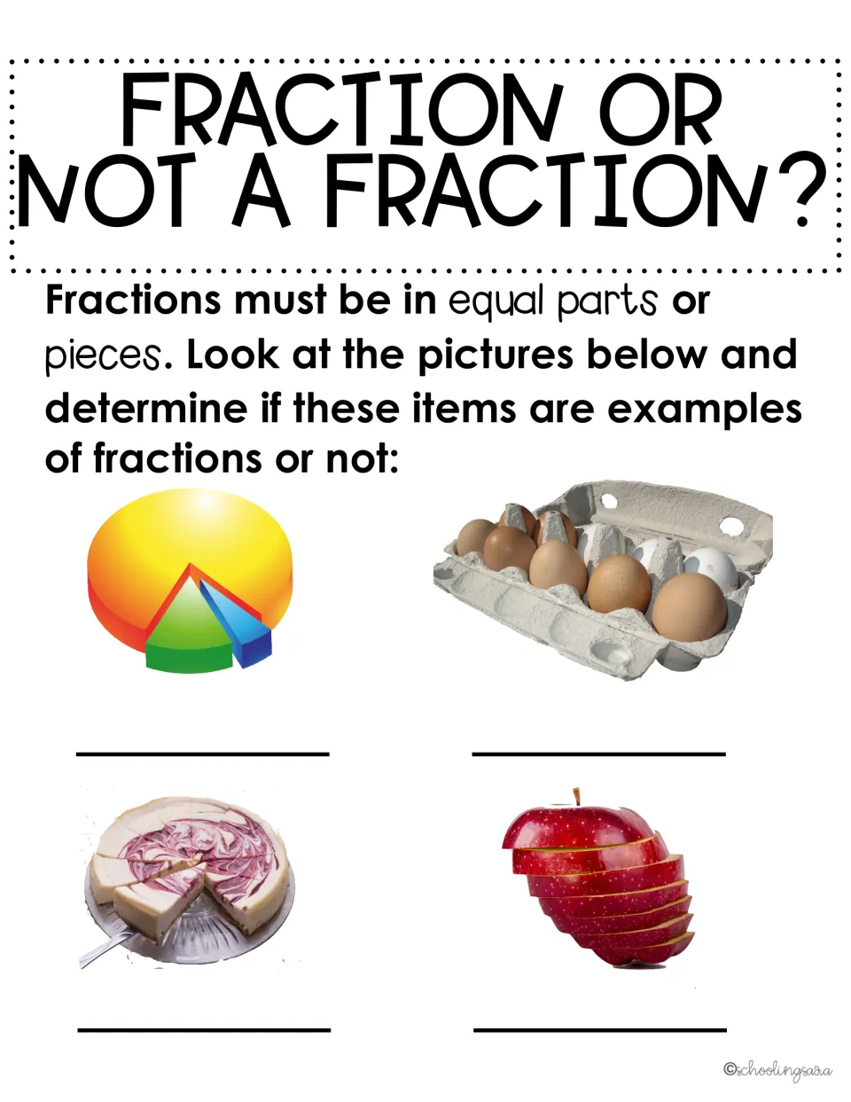 Fraction or not a fraction: students judge whether a pie chart, egg carton, cheesecake and sliced apple show equal parts