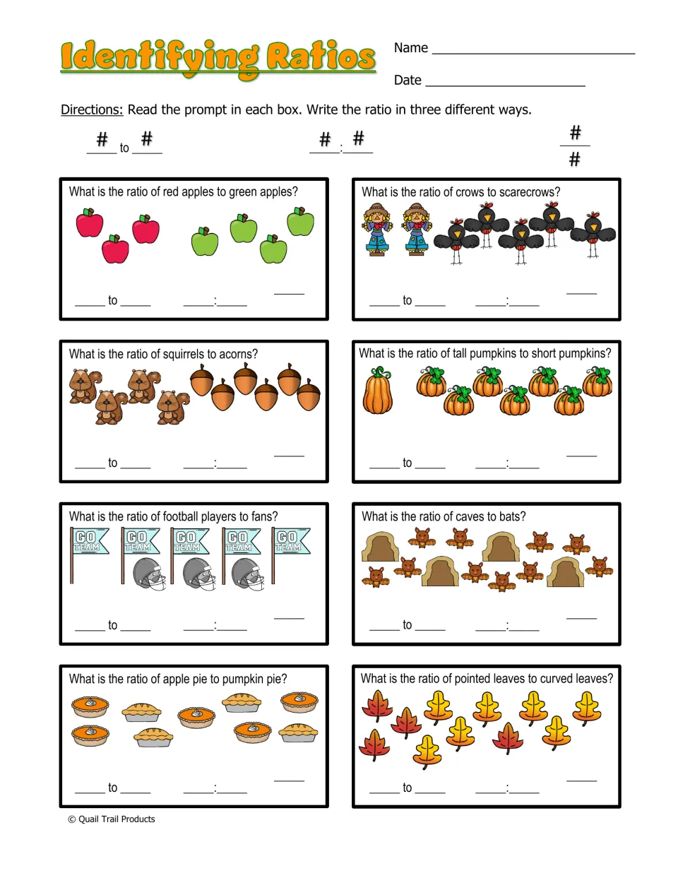 Identifying Ratios worksheet asks students to compare eight picture groups and write ratios three ways