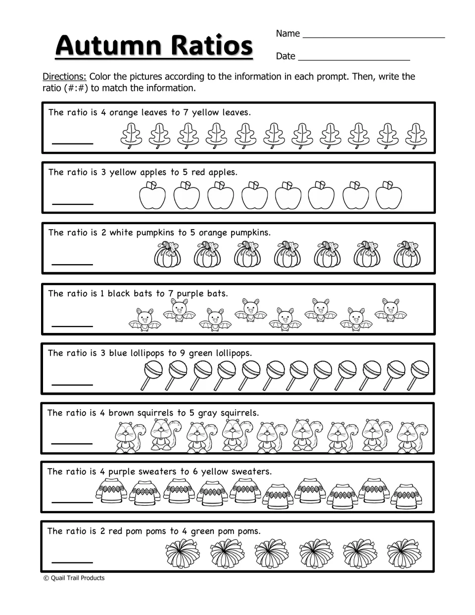 Autumn Ratios worksheet asks students to color eight picture groups and write ratios using colon notation