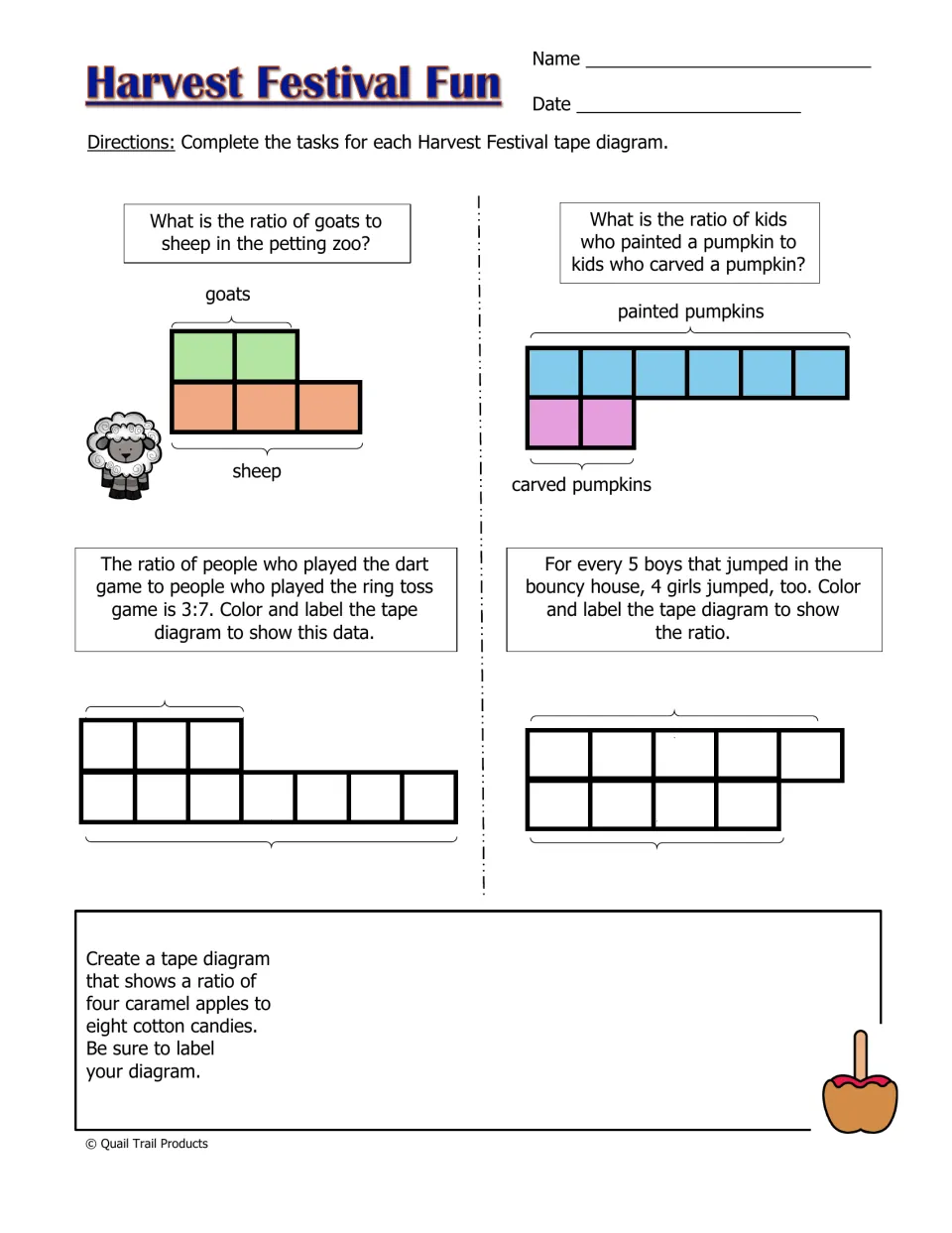 Harvest Festival Fun worksheet uses five tape diagram tasks about animals, pumpkins, games, and treats