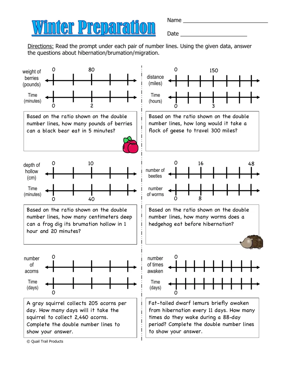 Winter Preparation worksheet uses six double number line problems about animal food, travel, and hibernation