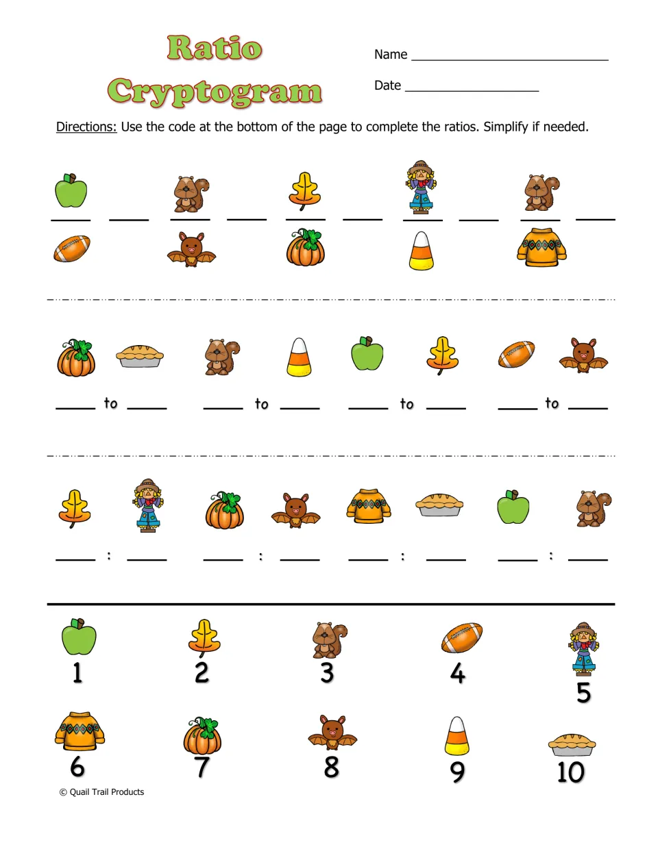 Ratio Cryptogram worksheet uses a picture code numbered 1 through 10 to complete and simplify 13 ratios