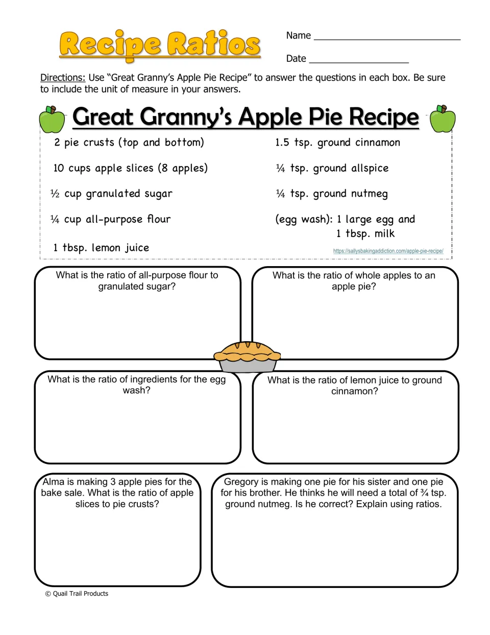 Recipe Ratios worksheet uses Great Granny’s Apple Pie Recipe for six ingredient comparison and scaling questions