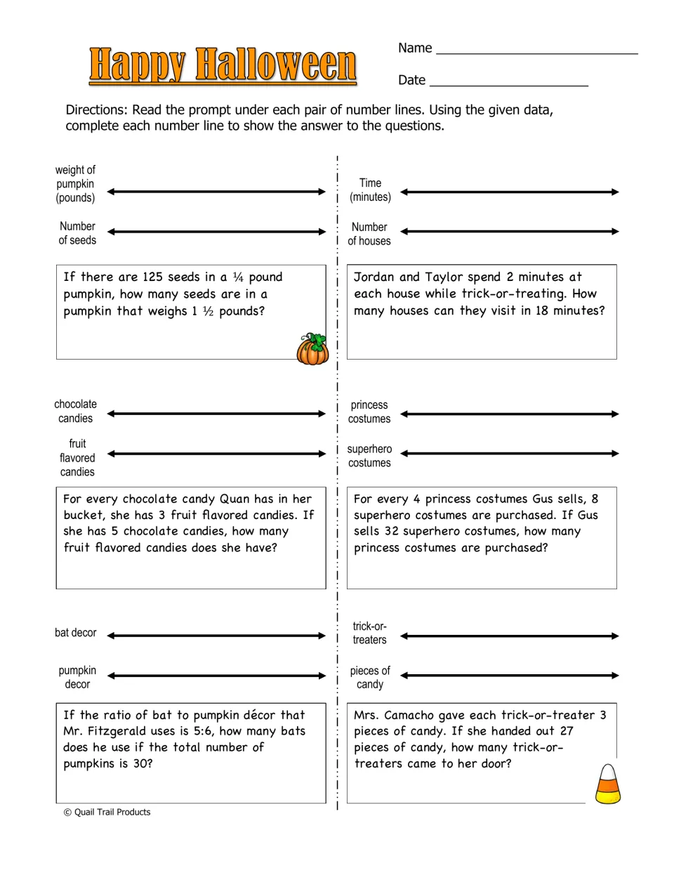 Happy Halloween worksheet has six double number line problems about pumpkins, candy, costumes, and trick-or-treating