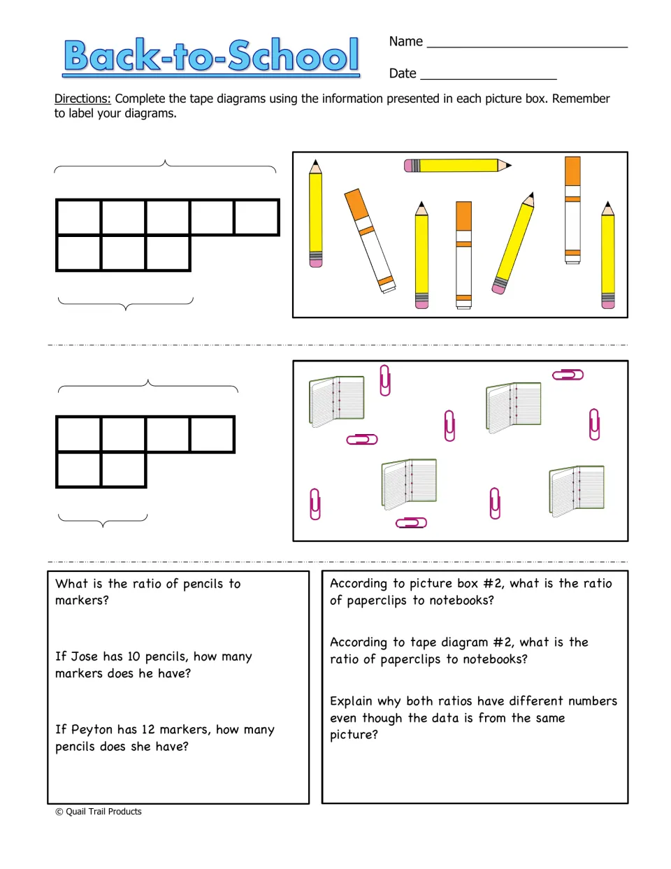 Back-to-School worksheet connects supply pictures to tape diagrams and questions about equivalent ratios