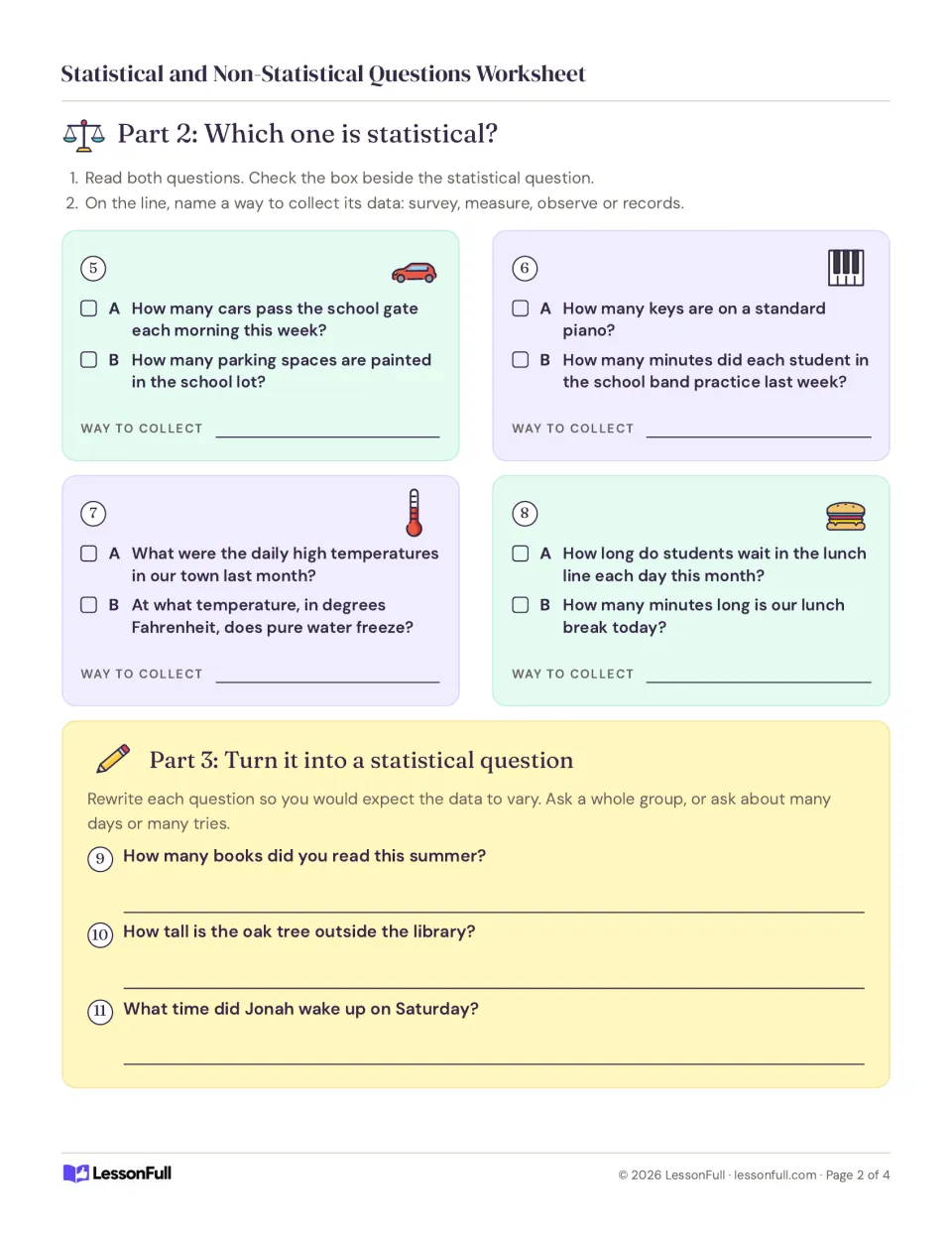 Questions 5–11: choose statistical questions about cars, music, weather and lunch, then rewrite three questions.