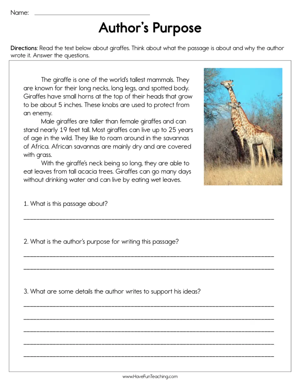 Author's purpose practice: giraffe passage and three questions about its topic, purpose, and supporting details.