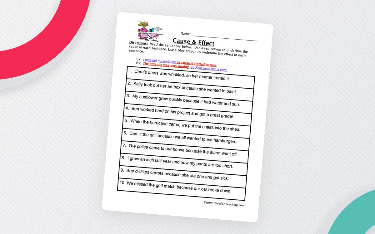 Cause and Effect worksheet with ten paired-event sentences and underlined clue words