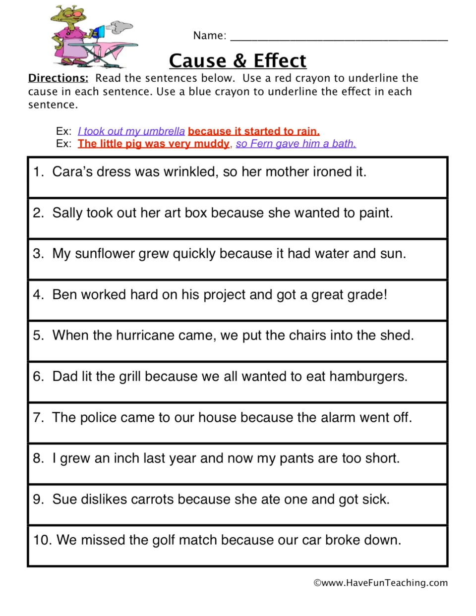 Cause and effect: students underline the cause in red and the effect in blue in 10 sentences, like Cara's wrinkled dress