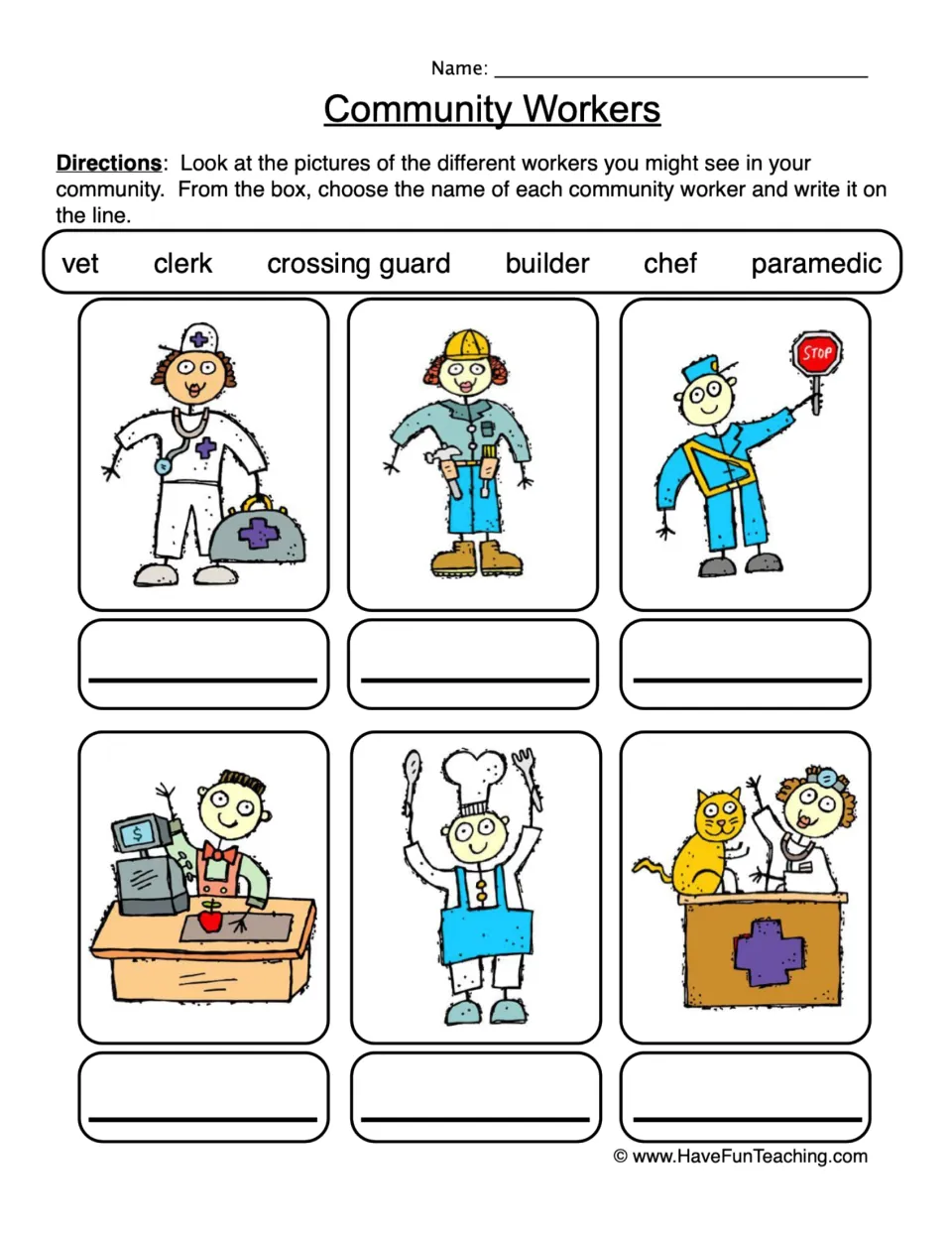 Community workers: students write each job name from a word bank under its picture, such as vet, chef or builder